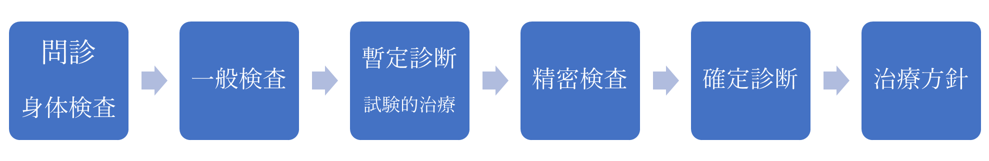 問診・身体検査→一般検査→暫定診断・試験的治療→精密検査→確定診断→治療方針